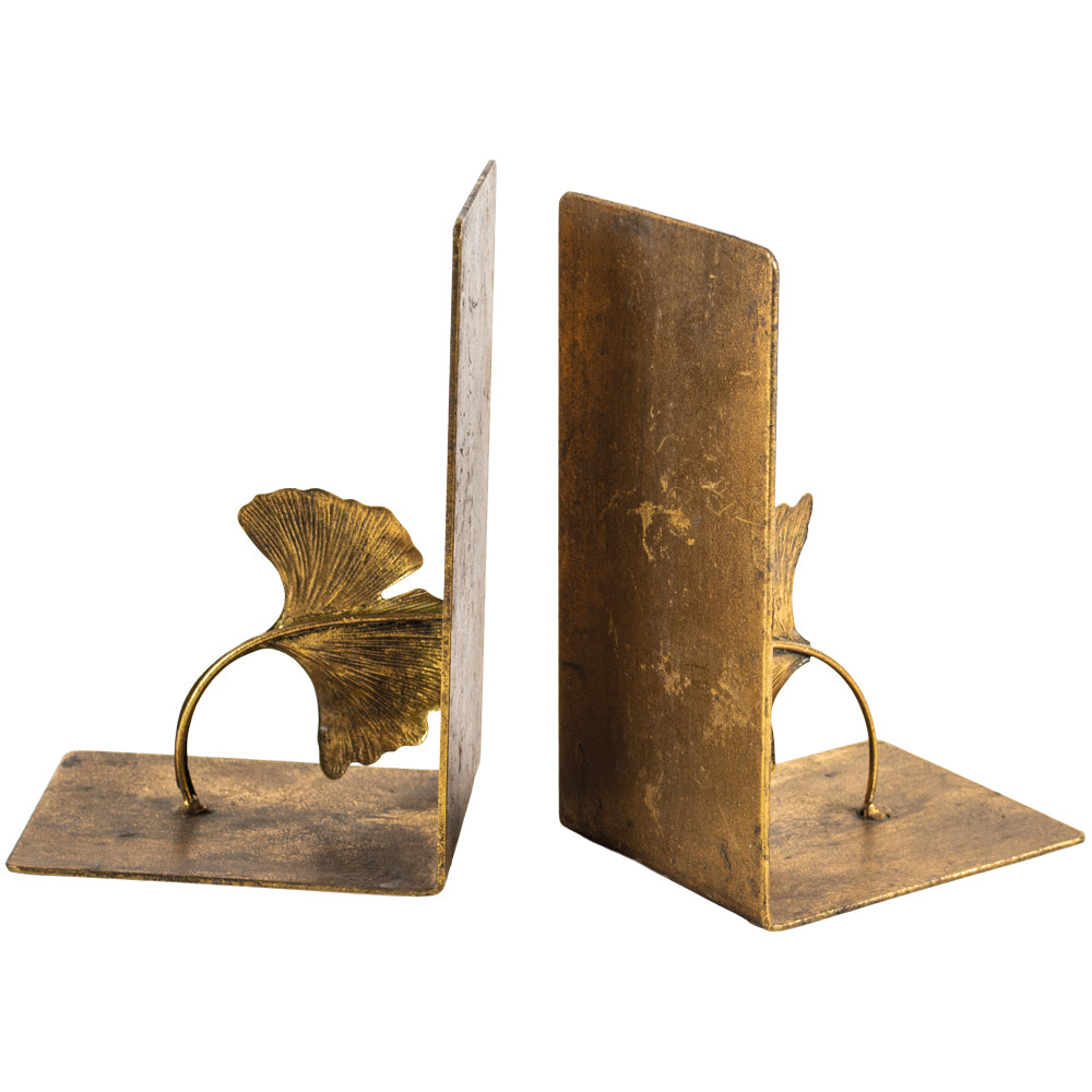 Pair of gold bookends with Lotus leaf detailing. Image shows antiqued gold finish effect.