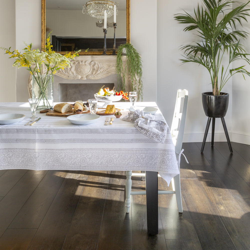 100% cotton hand block printed table cloth with pretty grey pattern detail. Perfect for pretty indoor table settings and outdoor al fesco dining. Rectangular, 100% cotton Size: 230cm x 140cm | Spring tablecloth | Summer tablecloth | 100% cotton tablecloth | Little Wren Interiors